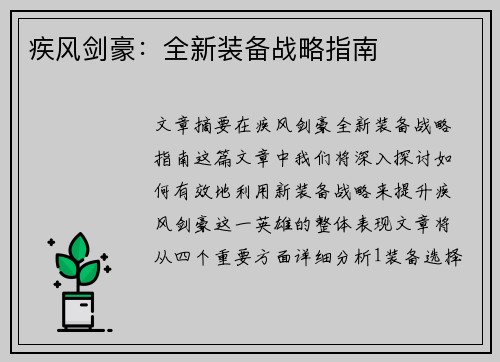 疾风剑豪：全新装备战略指南
